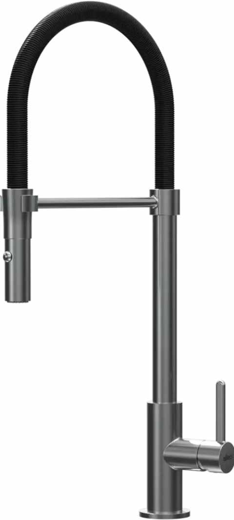 HKT Bahia csaptelep állítható zuhanyfejjel, fekete szilikon gégecsővel, 360°-ban elforgatható, hidegindítással, nemesacél