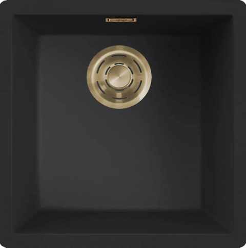 HKT ZEN F 102 Keratek szintbeépíthető mosogató, színes lefolyó- és túlfolyó szerelvényekkel, 50 cm-es korpuszokhoz,fekete-arany