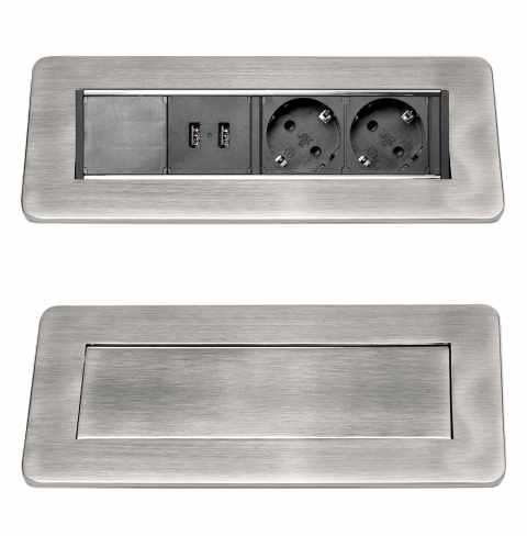 HKT Loevschal Felnyíló fedelű 2x230V dugalj+2 USB rozsdamentes acél színű