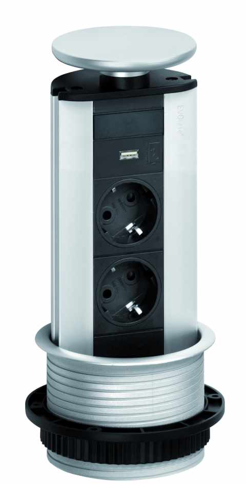 HKT EVOline Port Cuisine dugalj, alumínium színű, 2x230V+1xUSB