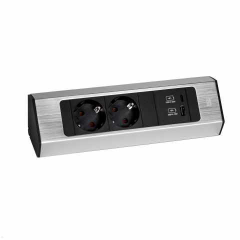 Bachmann CASIA2 Univerzális sarokdugalj 2x230V+1xUSB A&C 22W töltő inox optika